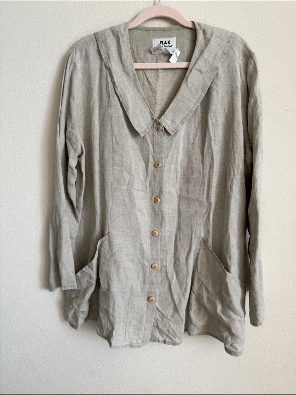 NWT Flax Linen Button Up Light Beige Blouse Top Oversized M
